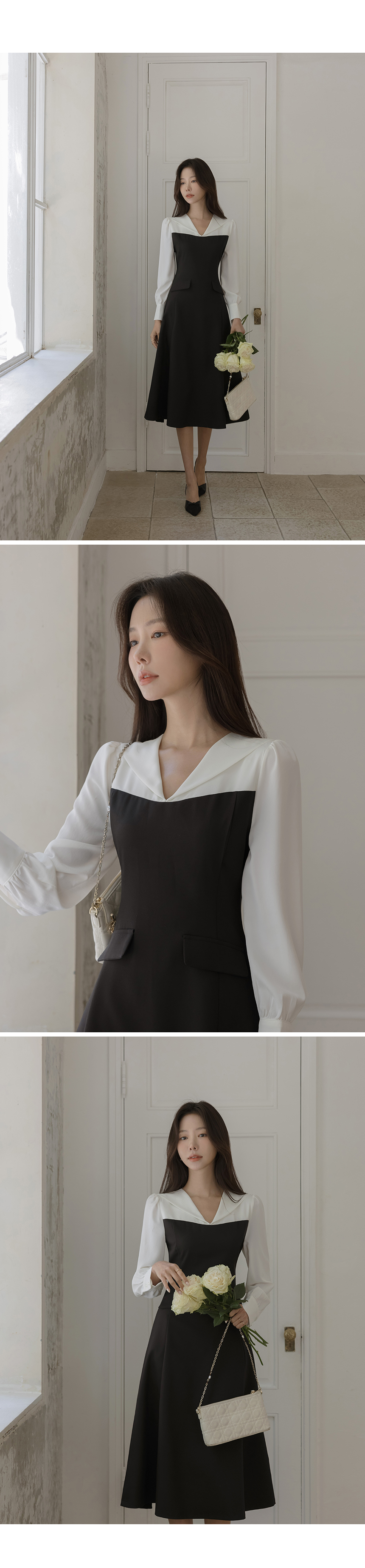 美品 組曲 ストライプ パフスリーブ ロングワンピース 美ライン 2024ss コンビカラーパフスリーブロングAラインワンピース | レディース