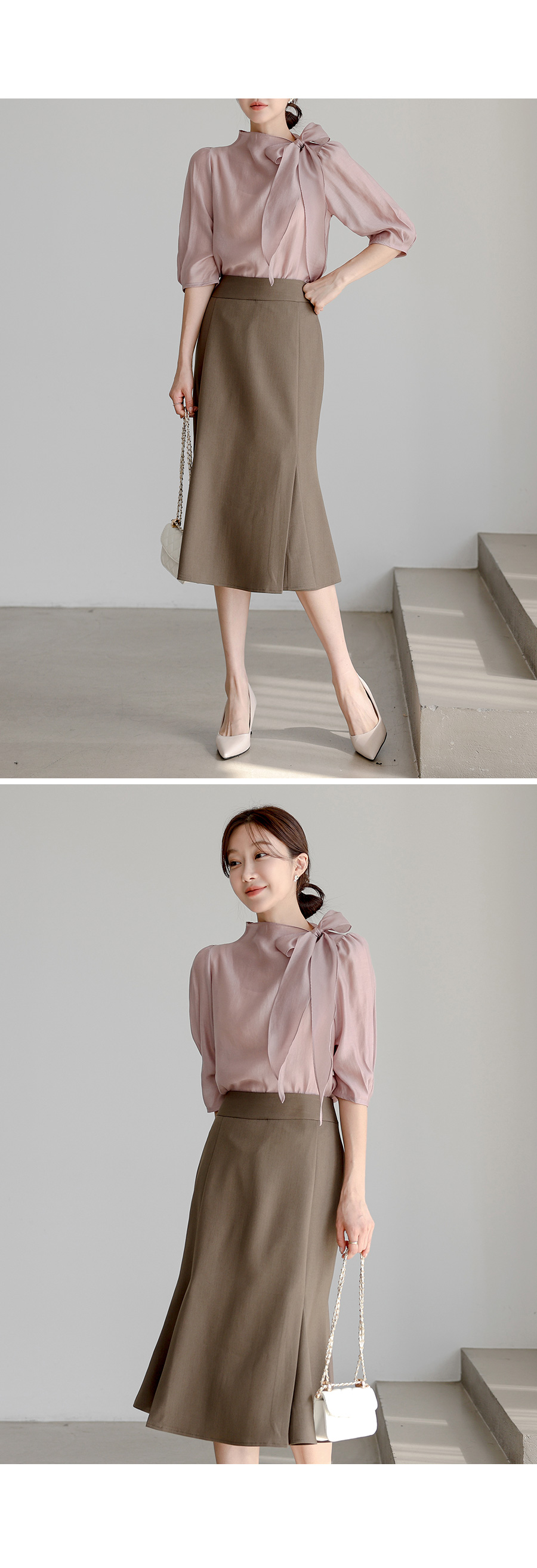 ボウタイハーフネック7分袖カラーブラウス | レディースファッション