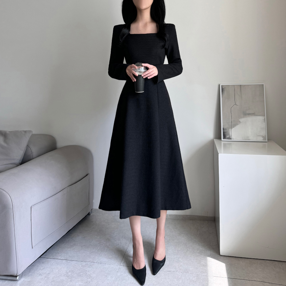 ツイードスクエアネック肩パッドAラインワンピース | レディース
