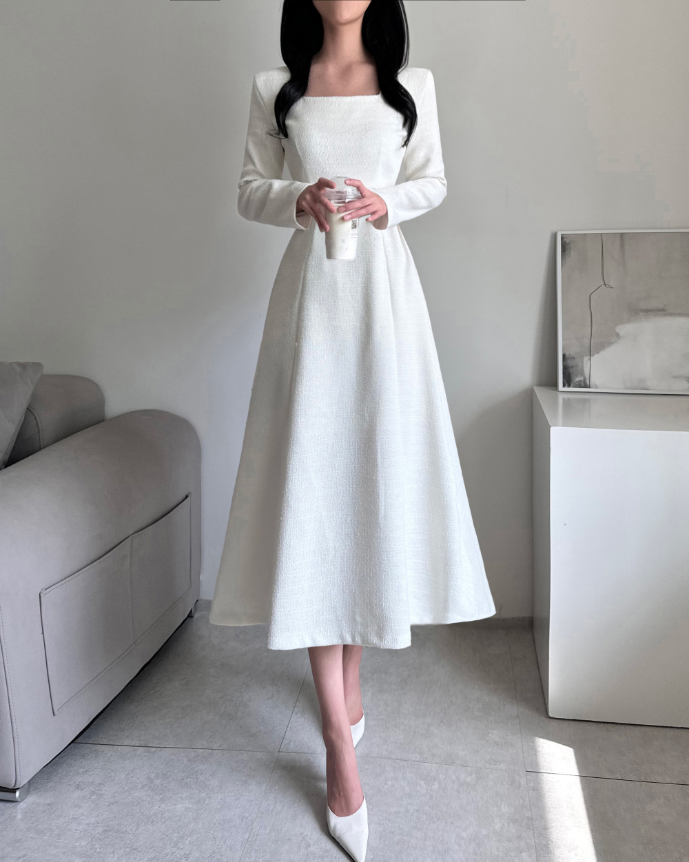 ツイードスクエアネック肩パッドAラインワンピース | レディース