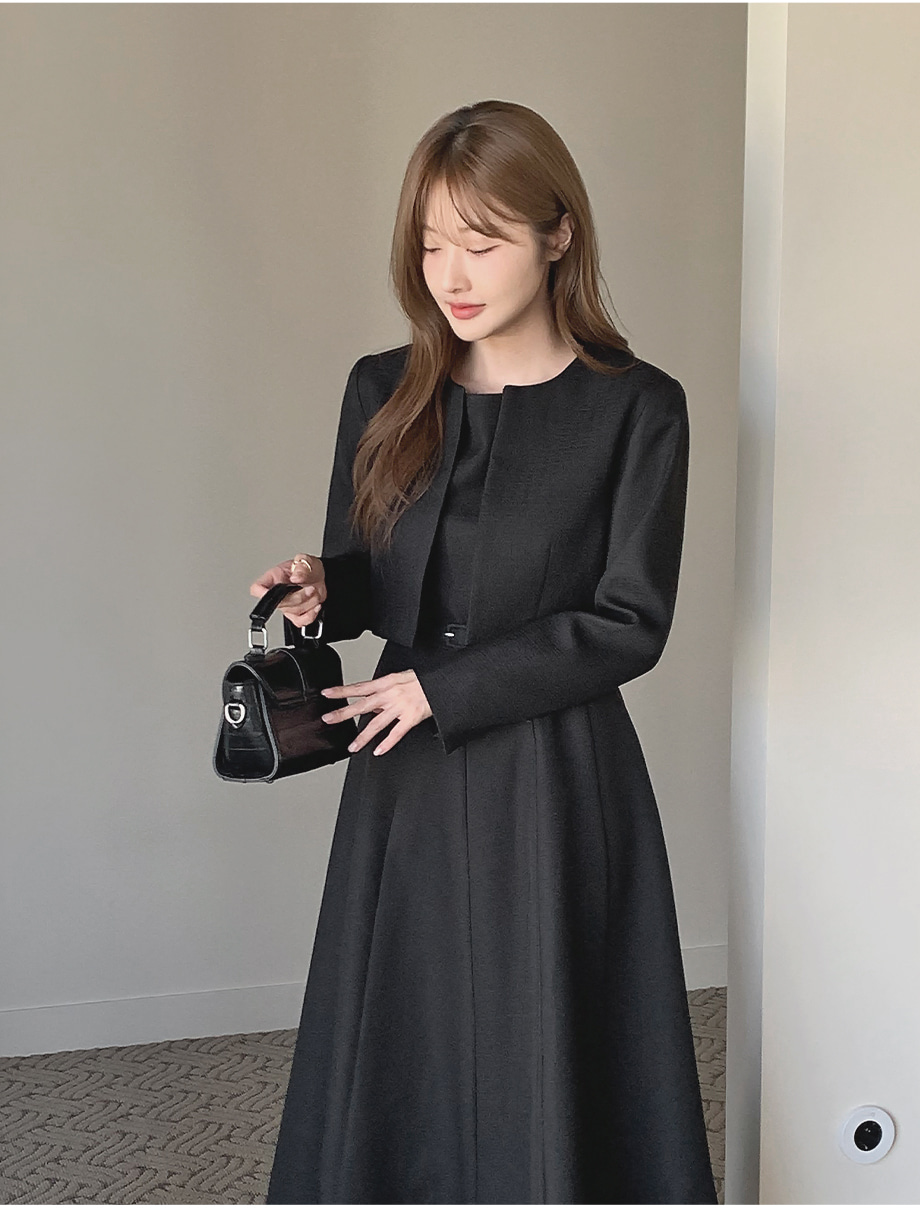 ベルト付ツイードスリムロング長袖ジップアップフレアラウンドネック