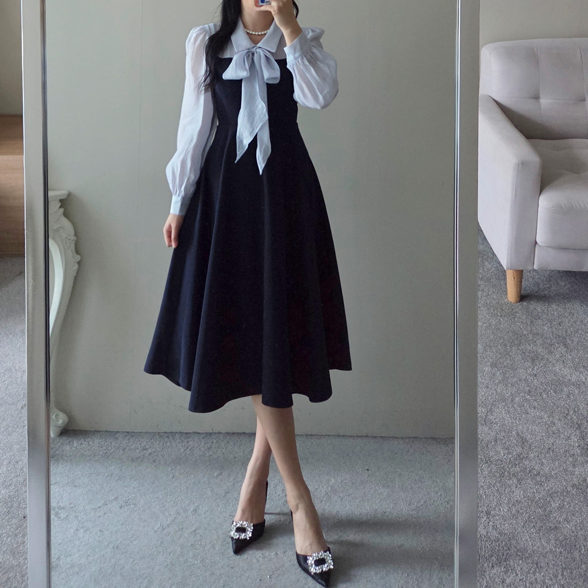 コンビシースルーフレアカラーボウタイパフスリーブワンピース