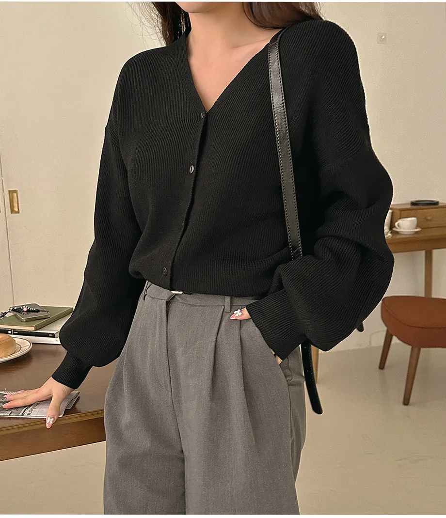 RIRINCO Ｖネックパフスリーブカーディガン