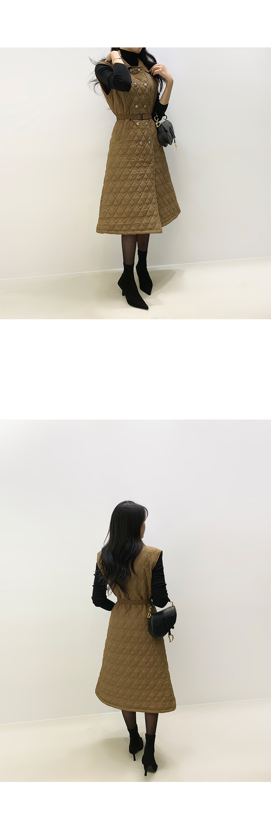 カラーネックダブルボタンキルティングベストワンピース | レディース