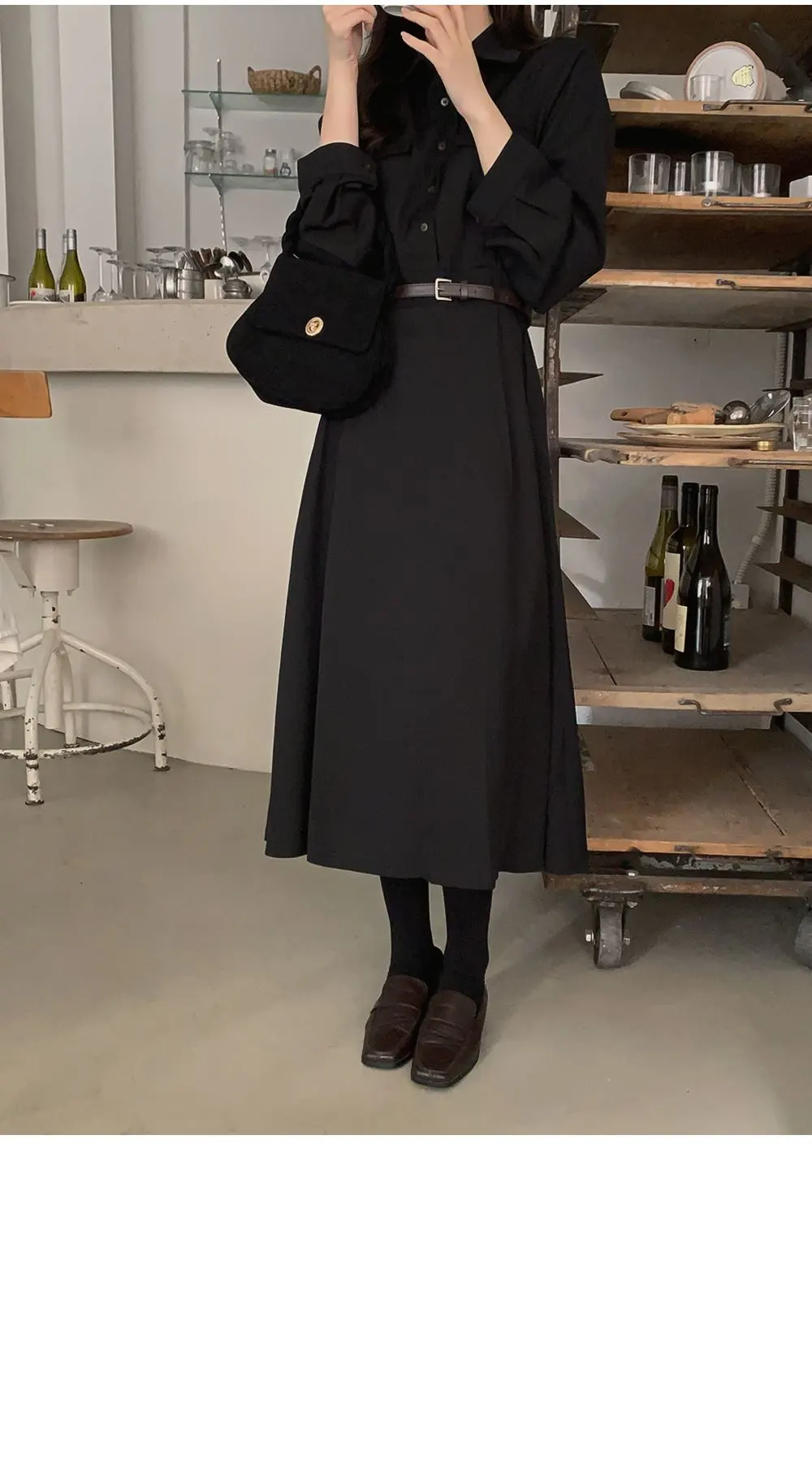 린다 카라넥 솔리드 핀턱 플레어 롱원피스