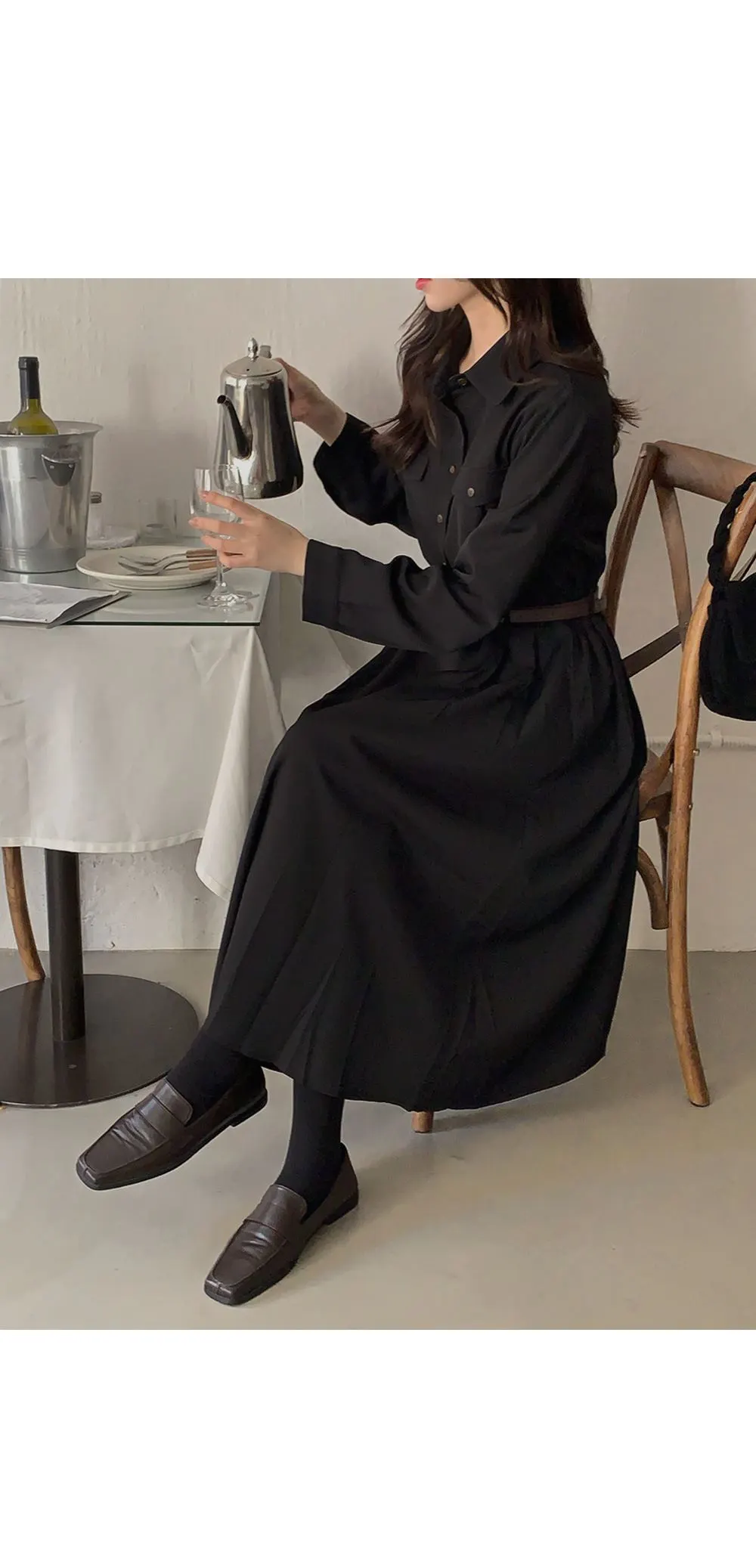 린다 카라넥 솔리드 핀턱 플레어 롱원피스