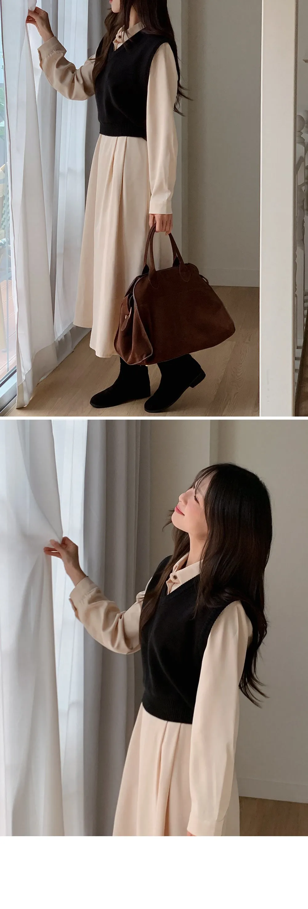 린다 카라넥 솔리드 핀턱 플레어 롱원피스