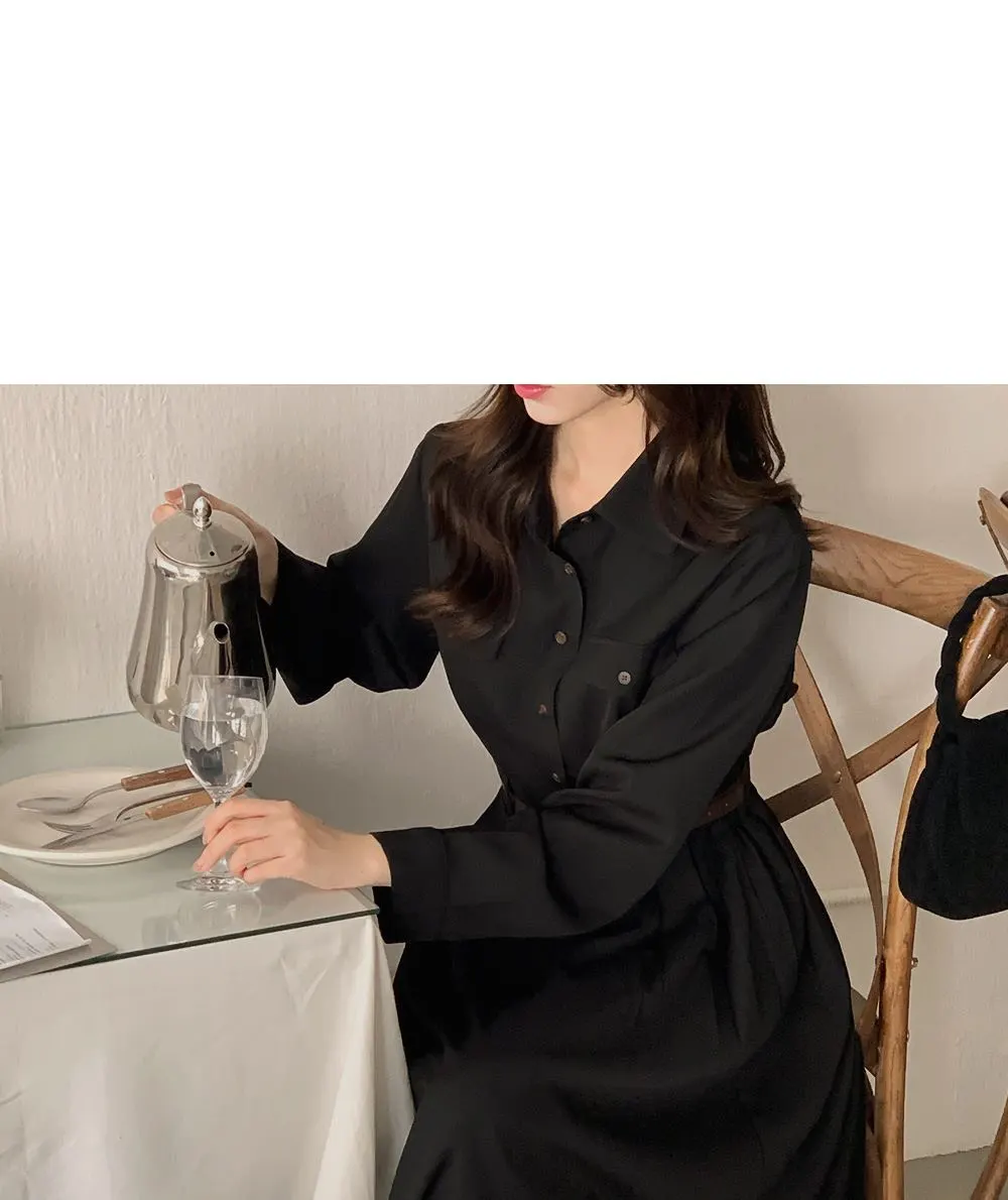 린다 카라넥 솔리드 핀턱 플레어 롱원피스