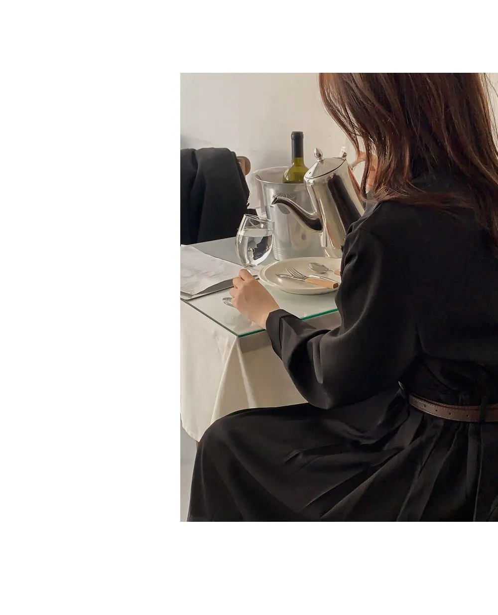 린다 카라넥 솔리드 핀턱 플레어 롱원피스