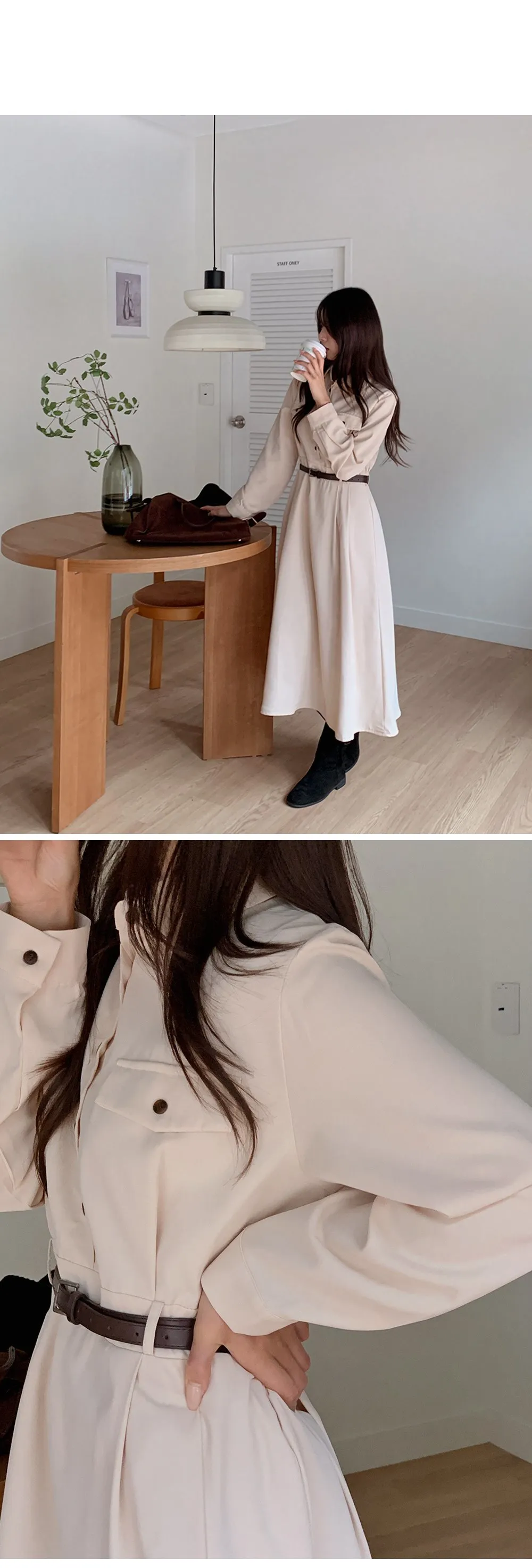 린다 카라넥 솔리드 핀턱 플레어 롱원피스