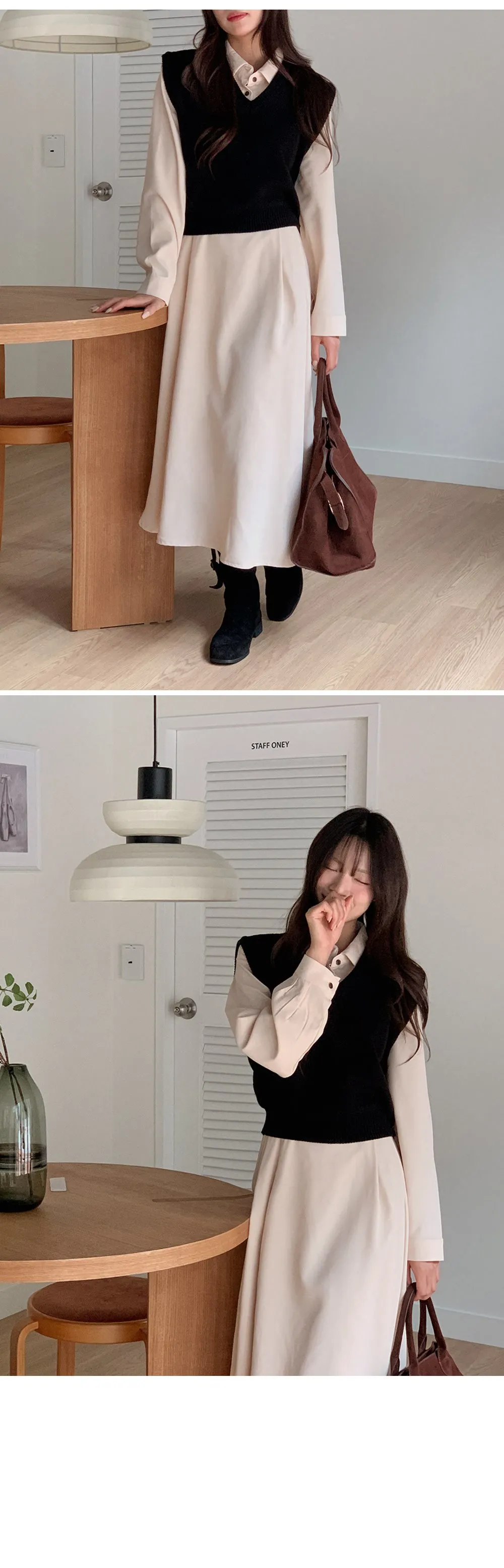 린다 카라넥 솔리드 핀턱 플레어 롱원피스