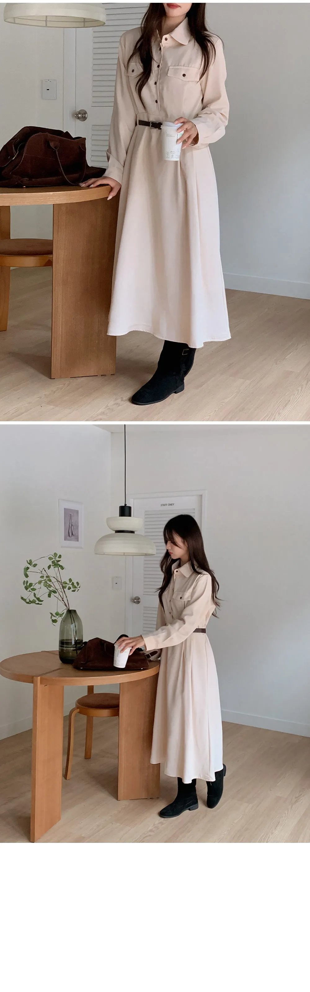 린다 카라넥 솔리드 핀턱 플레어 롱원피스