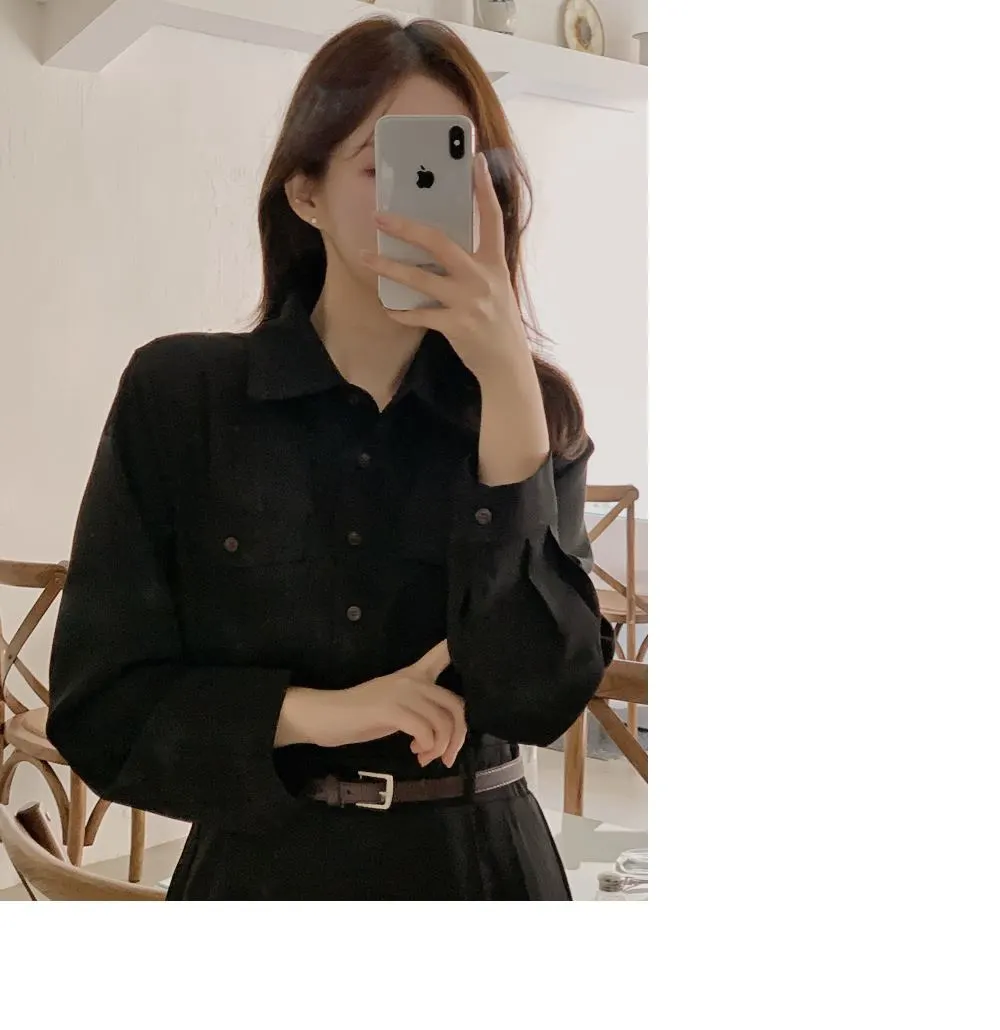 린다 카라넥 솔리드 핀턱 플레어 롱원피스