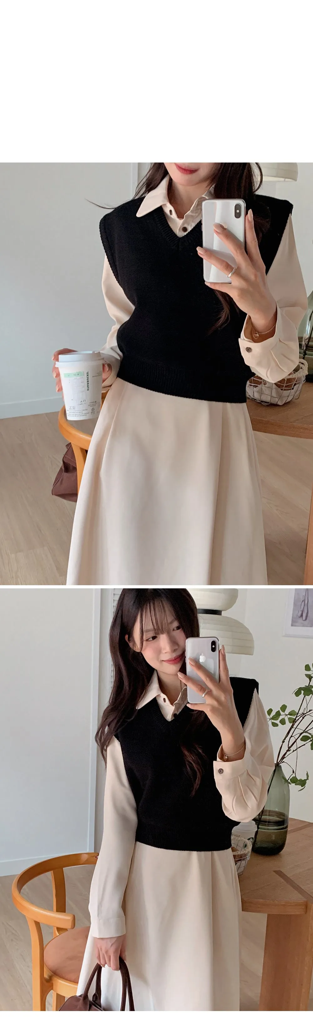 린다 카라넥 솔리드 핀턱 플레어 롱원피스