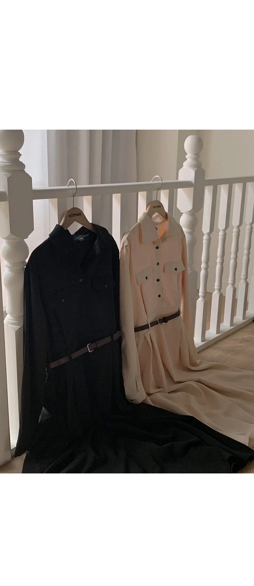 린다 카라넥 솔리드 핀턱 플레어 롱원피스