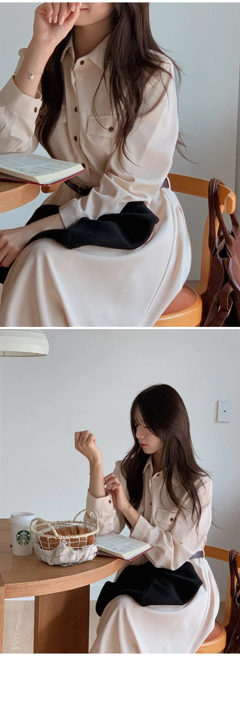 린다 카라넥 솔리드 핀턱 플레어 롱원피스