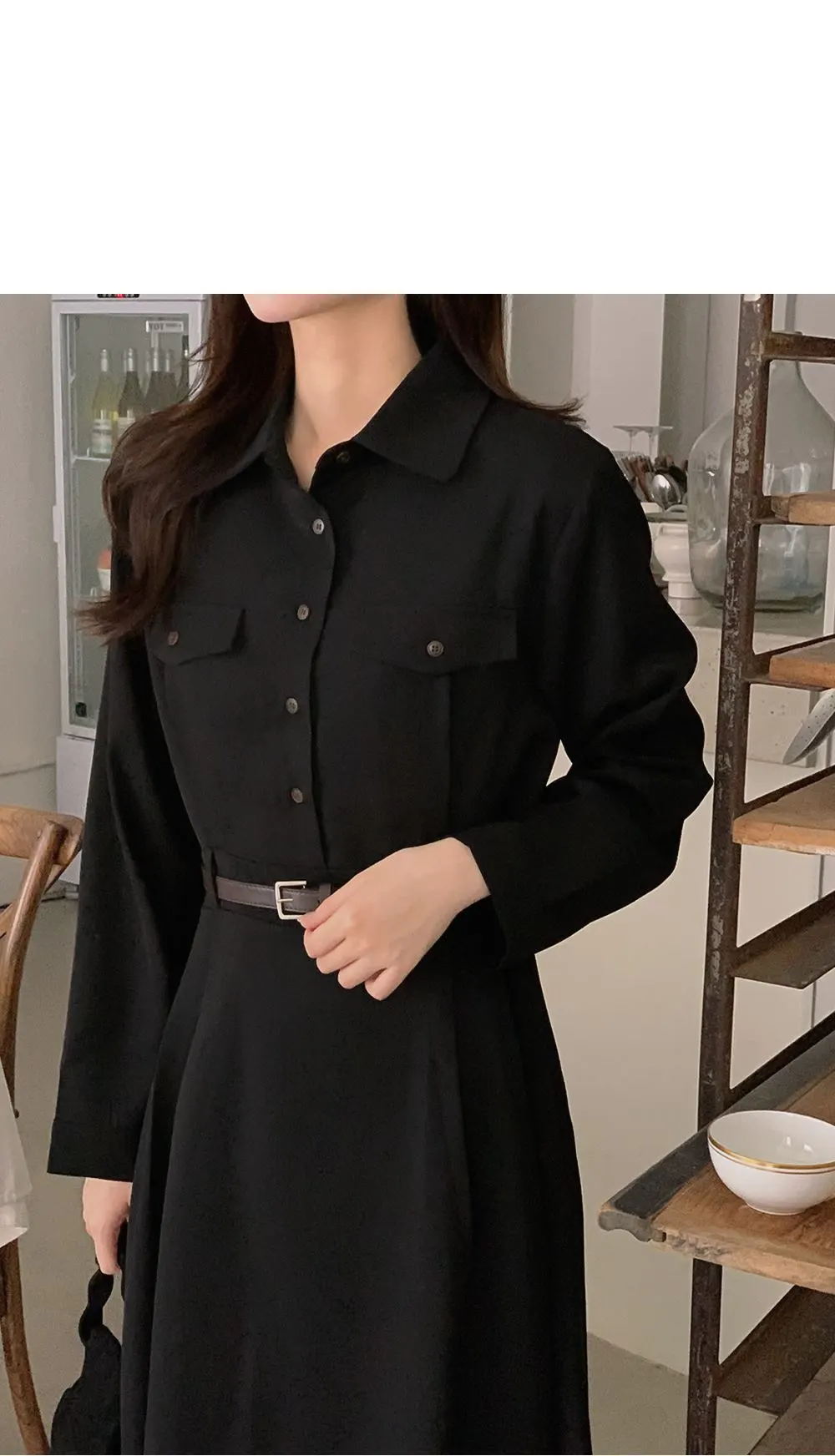 린다 카라넥 솔리드 핀턱 플레어 롱원피스