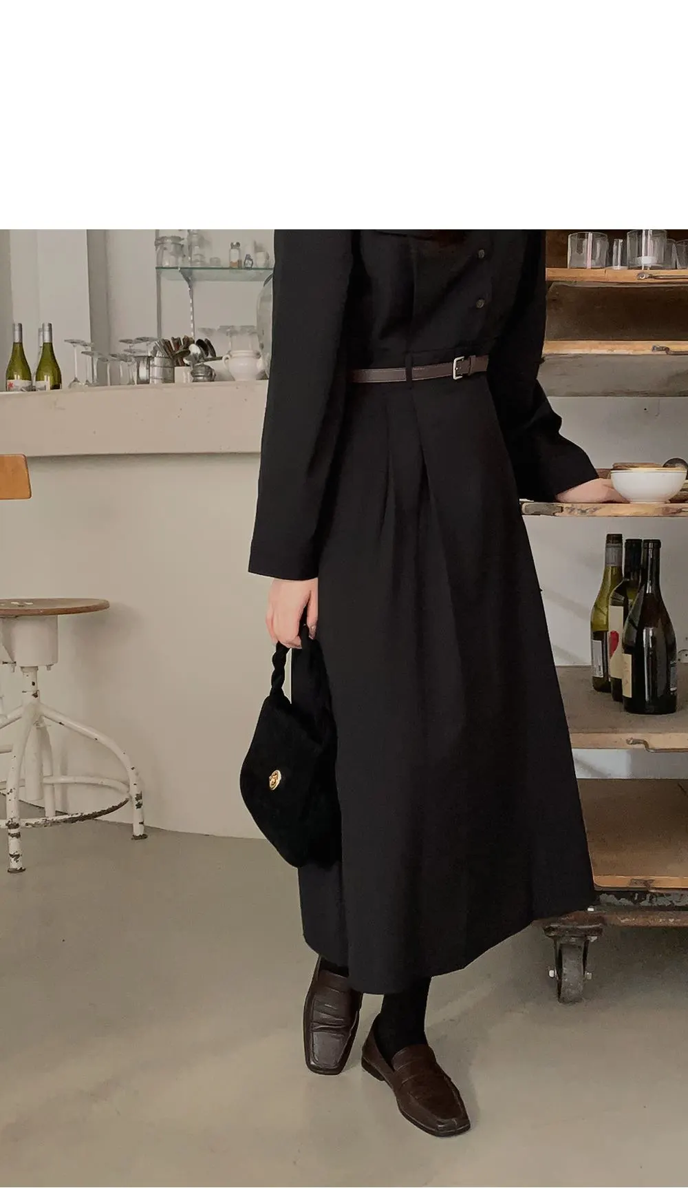 린다 카라넥 솔리드 핀턱 플레어 롱원피스