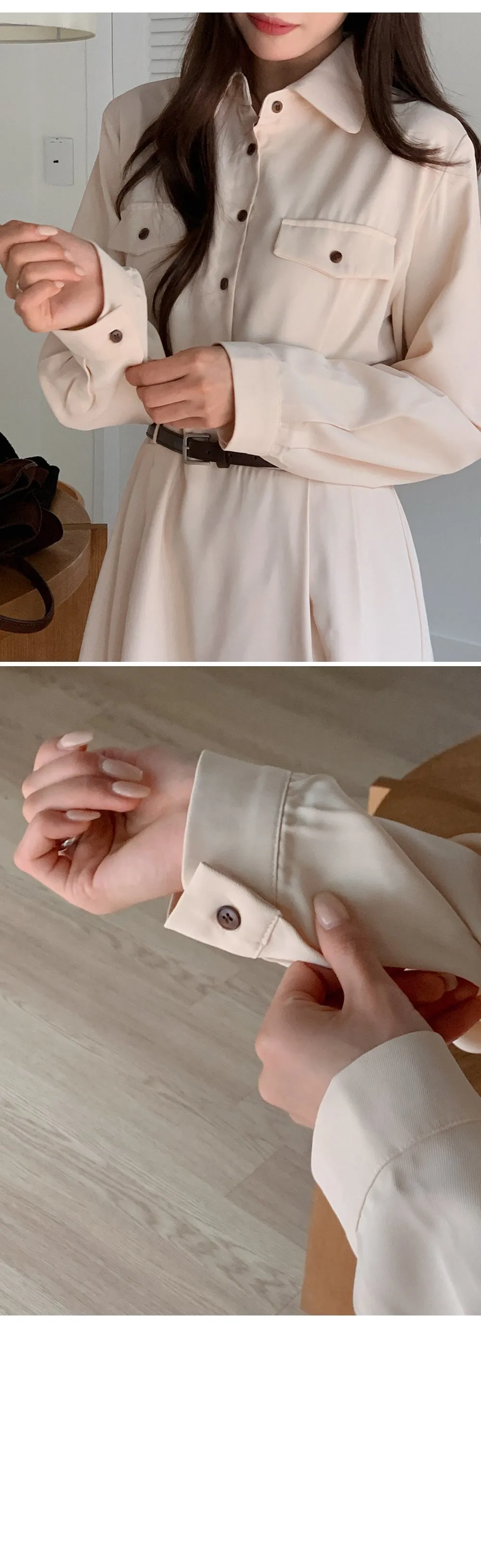 린다 카라넥 솔리드 핀턱 플레어 롱원피스