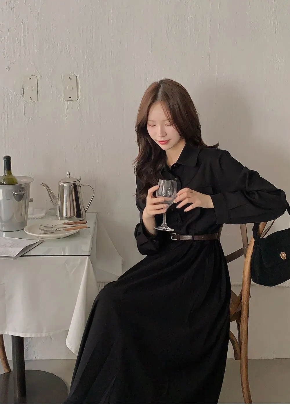 린다 카라넥 솔리드 핀턱 플레어 롱원피스