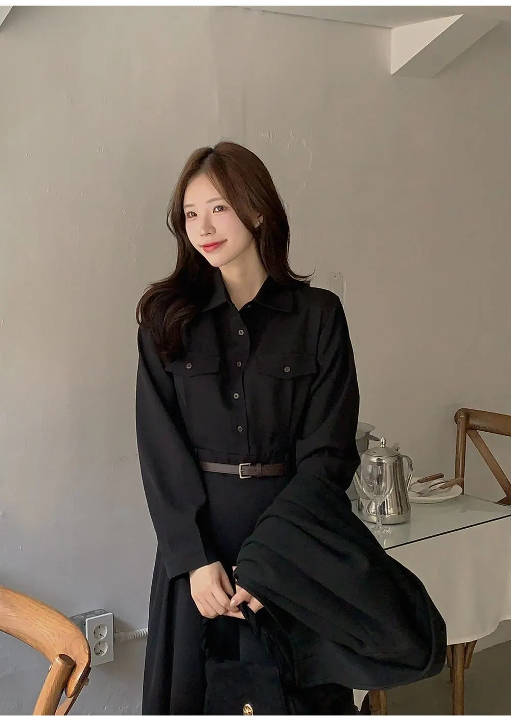 린다 카라넥 솔리드 핀턱 플레어 롱원피스