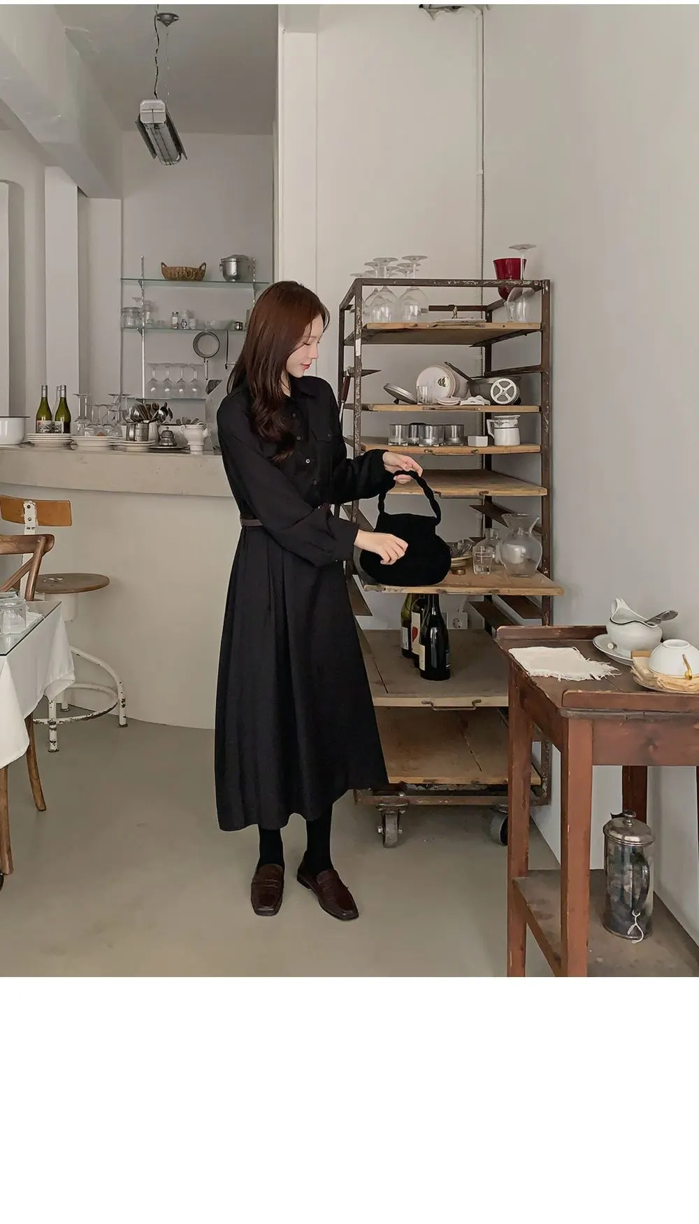 린다 카라넥 솔리드 핀턱 플레어 롱원피스