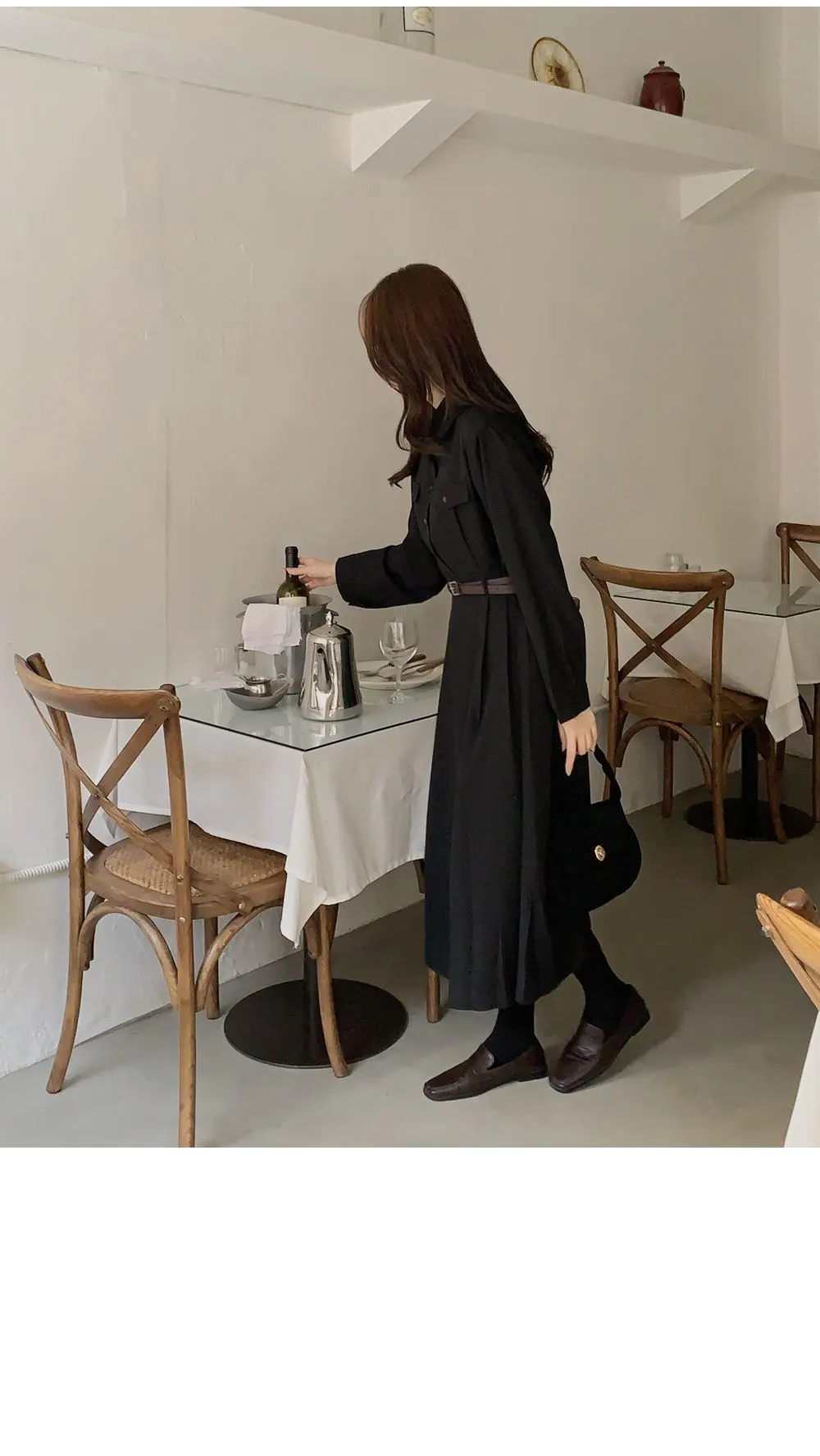 린다 카라넥 솔리드 핀턱 플레어 롱원피스