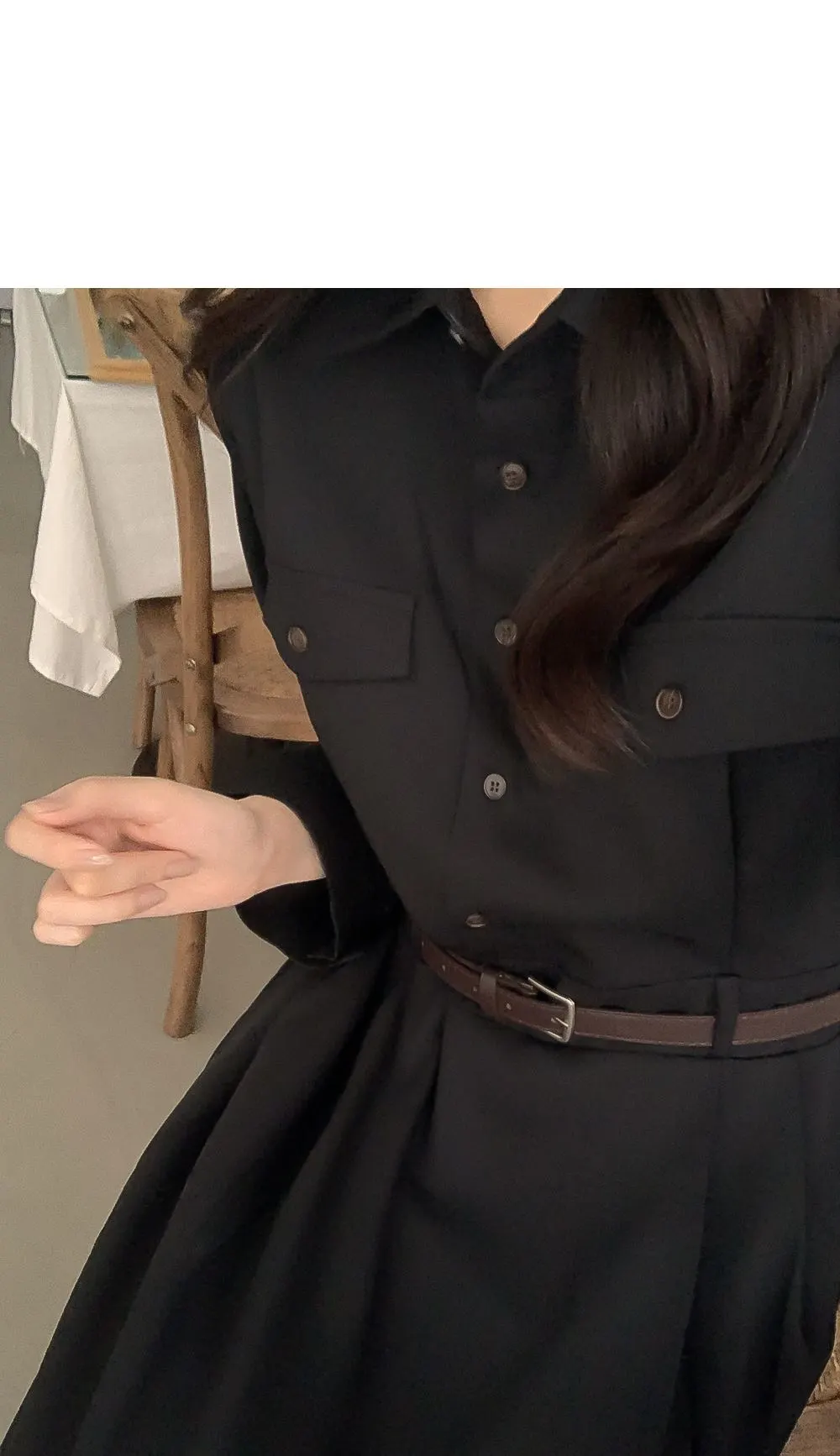 린다 카라넥 솔리드 핀턱 플레어 롱원피스