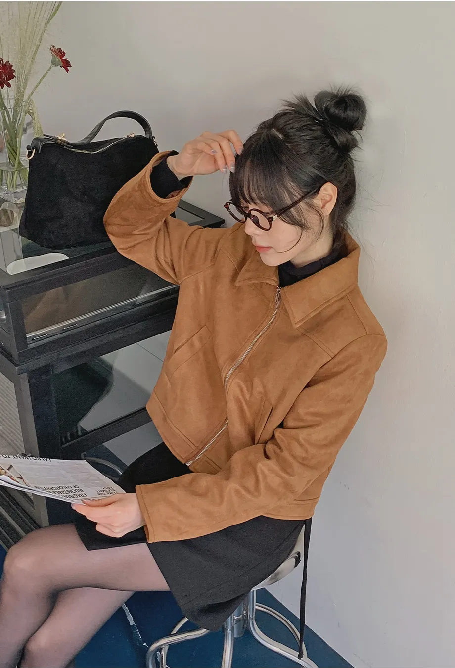 RIRINCO スエードセミクロップド丈ジップアップジャケット