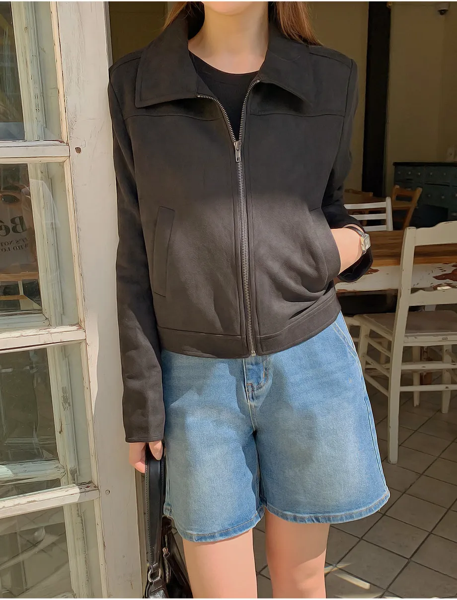 RIRINCO スエードセミクロップド丈ジップアップジャケット