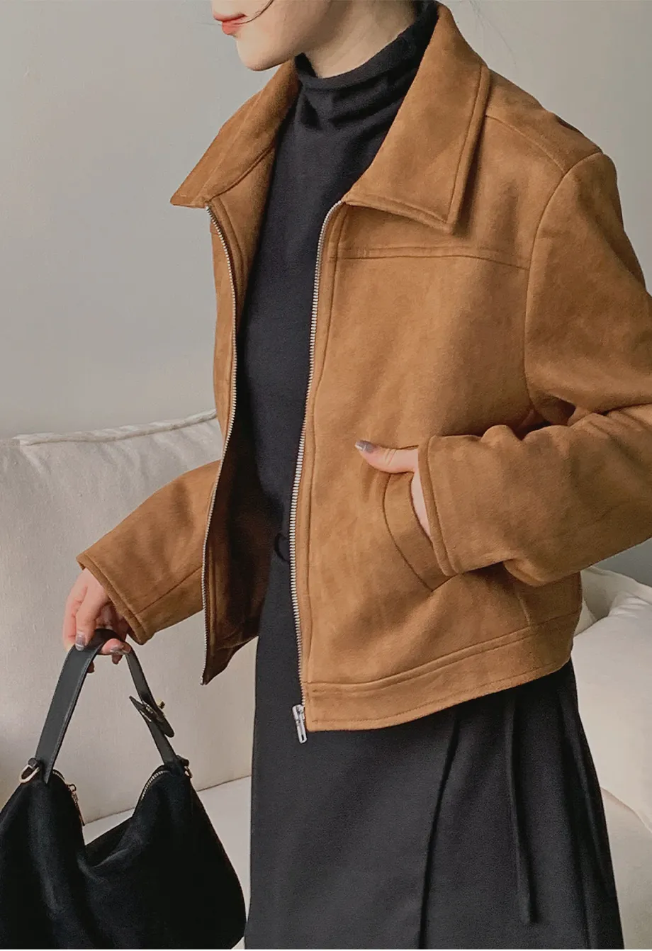 RIRINCO スエードセミクロップド丈ジップアップジャケット