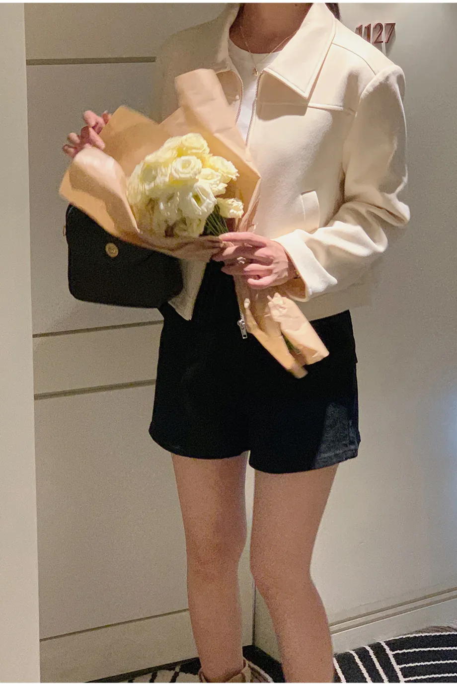 RIRINCO スエードセミクロップド丈ジップアップジャケット