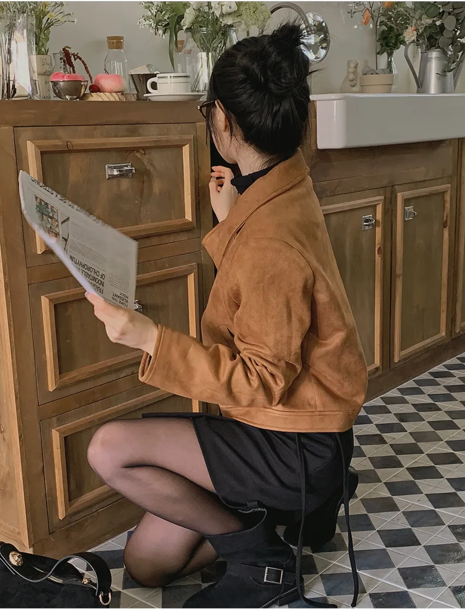 RIRINCO スエードセミクロップド丈ジップアップジャケット