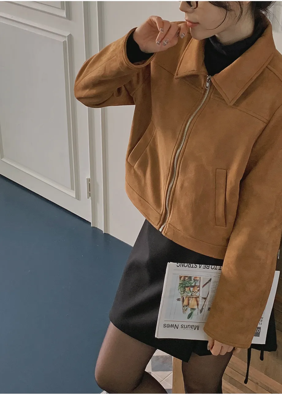 RIRINCO スエードセミクロップド丈ジップアップジャケット