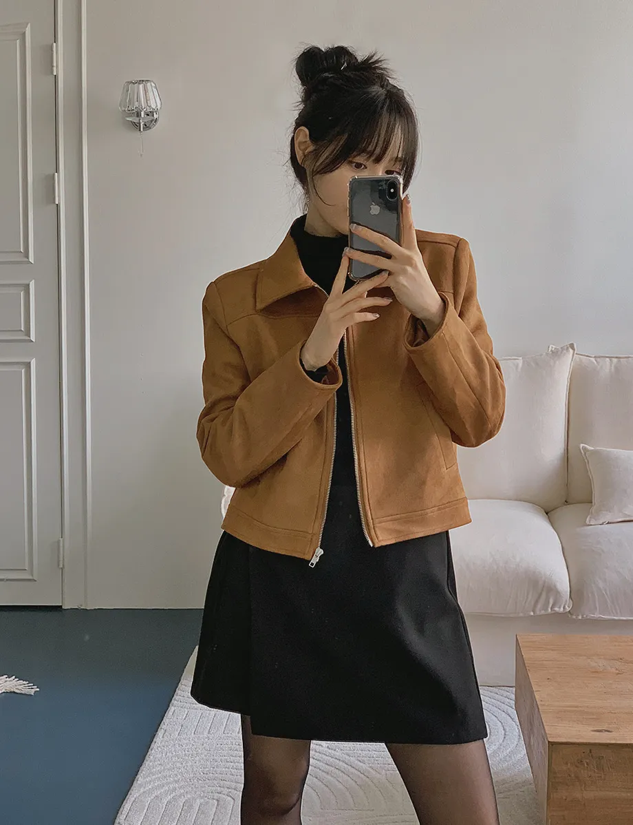 RIRINCO スエードセミクロップド丈ジップアップジャケット