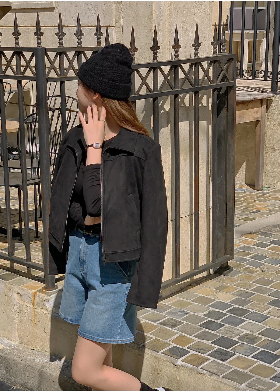 RIRINCO スエードセミクロップド丈ジップアップジャケット