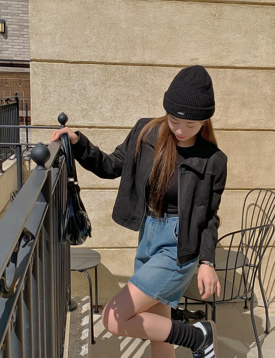 RIRINCO スエードセミクロップド丈ジップアップジャケット