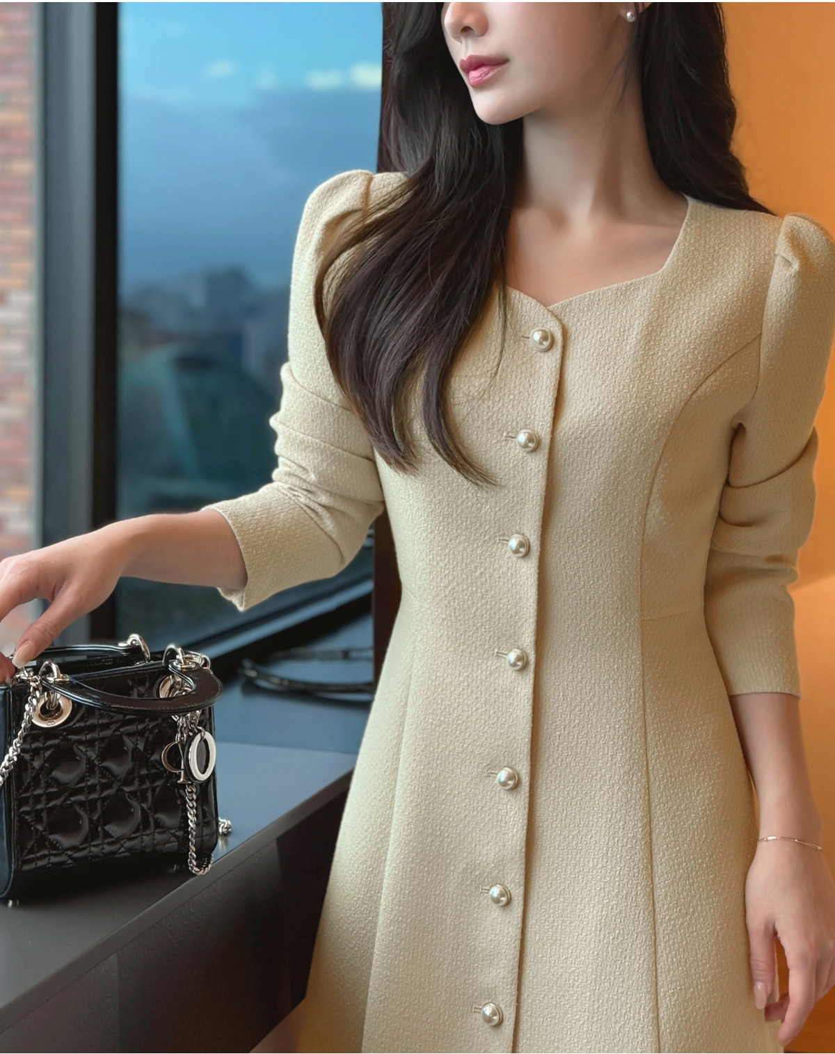 レオナールパリ LEONARD ロングワンピース コート ツイード 金ボタン ツイードボタンハートネックパール調ボタンロング長袖ワンピース