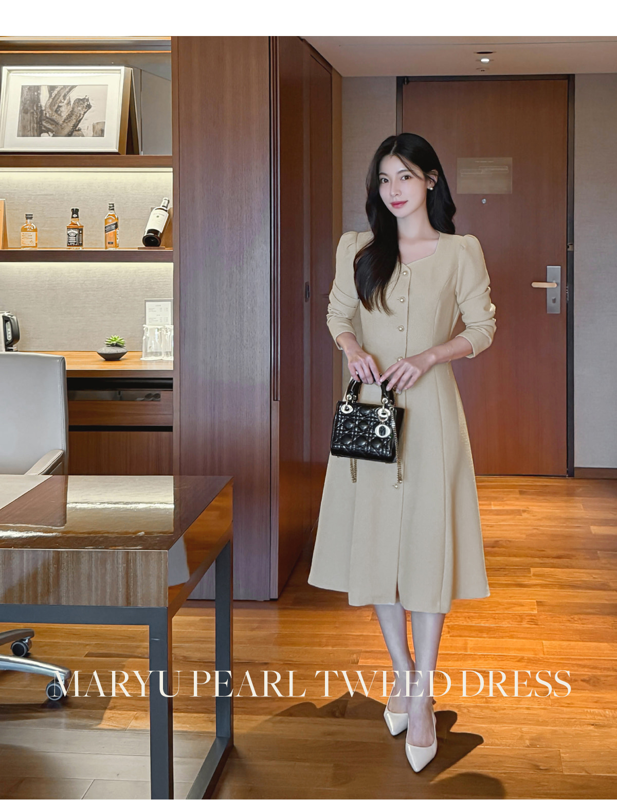 ツイードボタンハートネックパール調ボタンロング長袖ワンピース