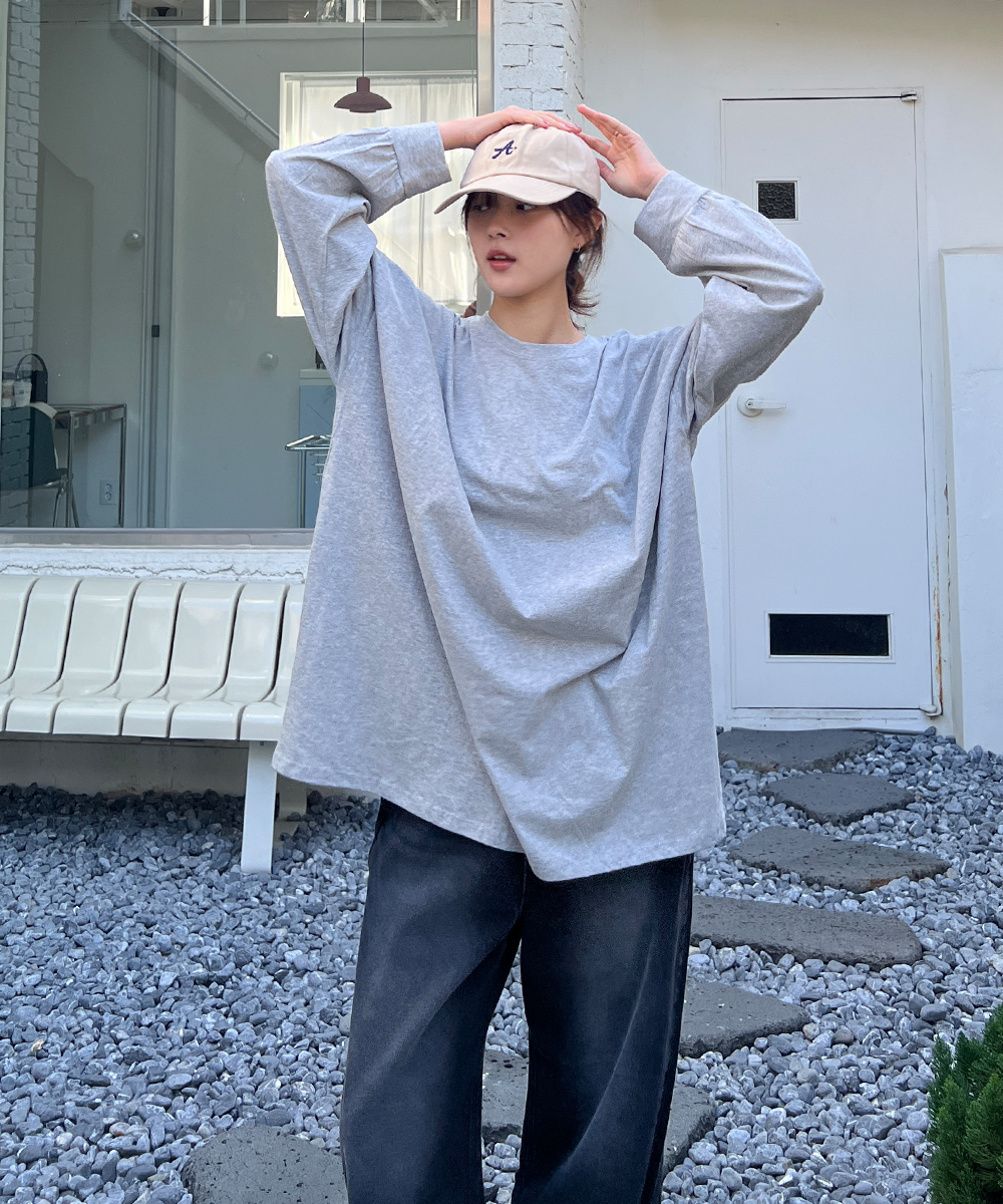 コットンラウンドネック長袖ボクシーロングスリットTシャツ
