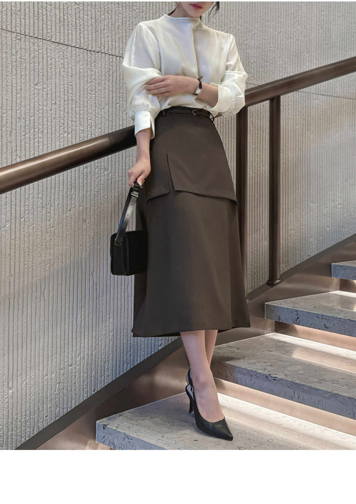 ベルト付バックゴムジップアップレイヤードラップ調ロングスカート