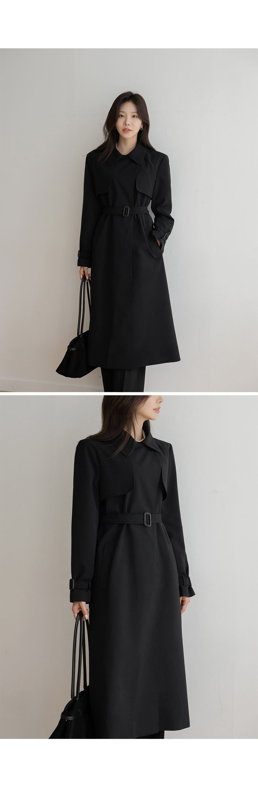 ベルト付長袖ロングボタンカラールーズポケットコート | レディース