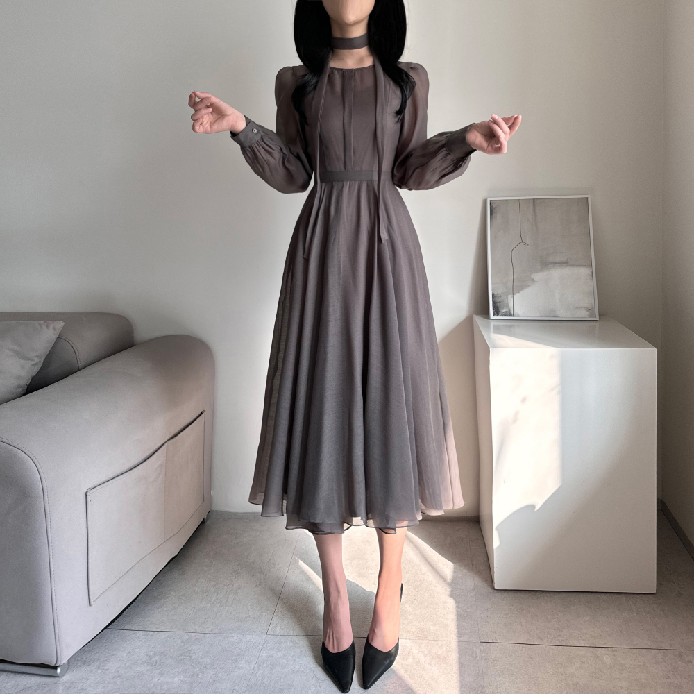 グレー パフスリーブ ロングワンピース 38 シースルーボウタイラウンドネックパフスリーブフレアワンピース