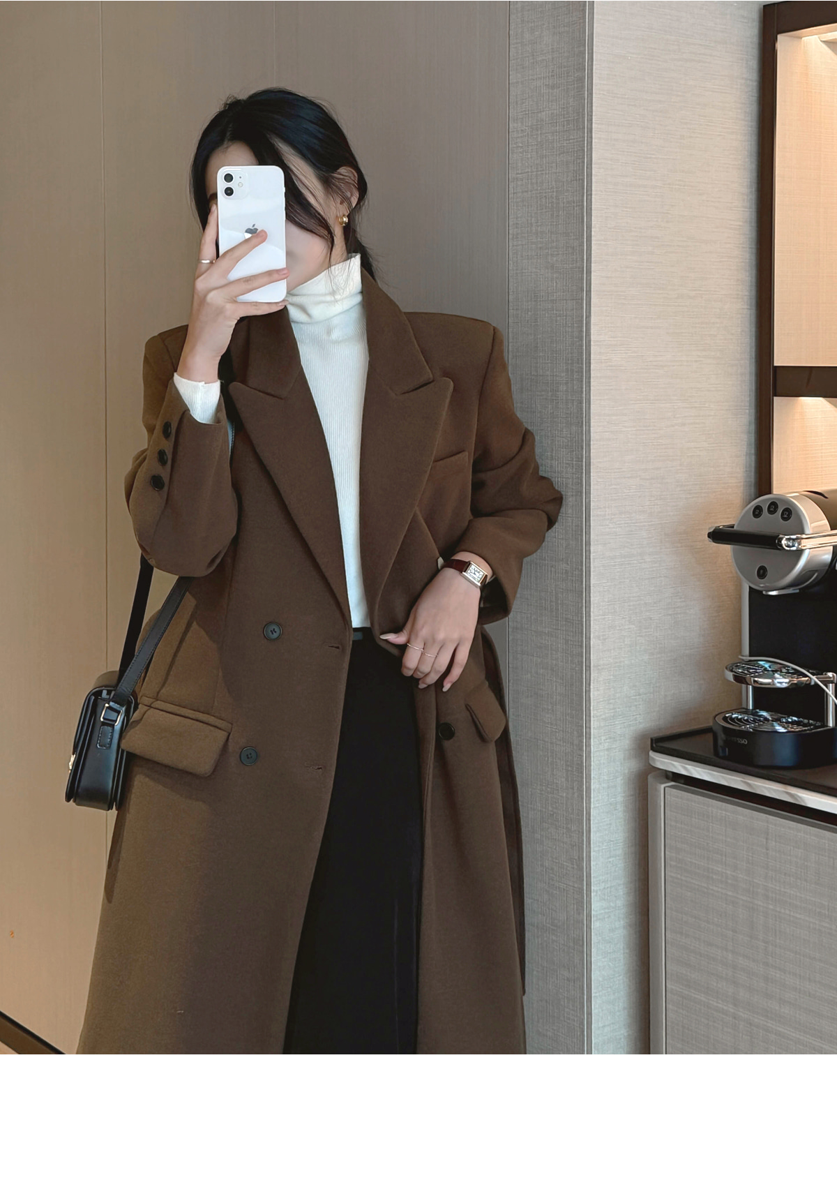 ベルト付ウール混カラーロング長袖ダブルボタンコート | レディース