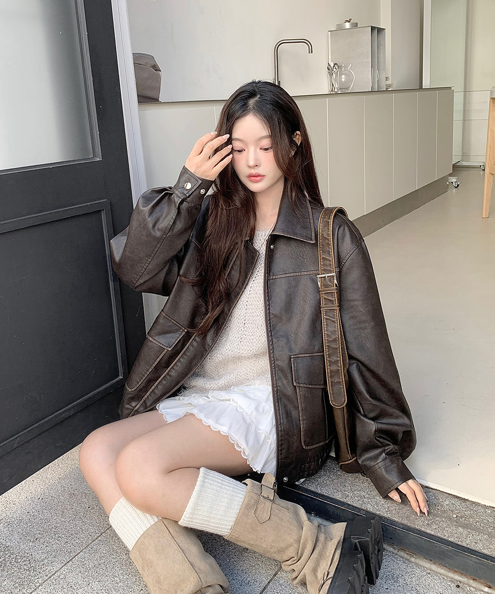 レザー調ジップアップカラーポケットビンテージボクシールーズ長袖