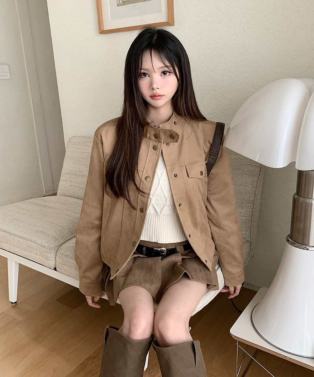 スエード調ヘンリーネック長袖ボタンアジャストジャケット