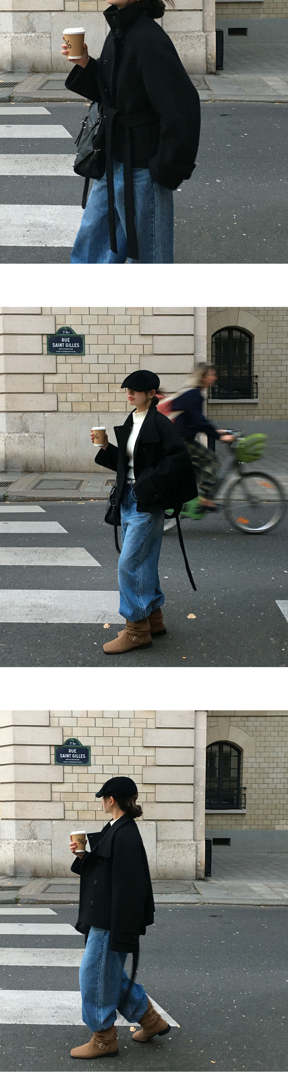 キルティング中綿ウール混ショートルーズ長袖コートベルト付