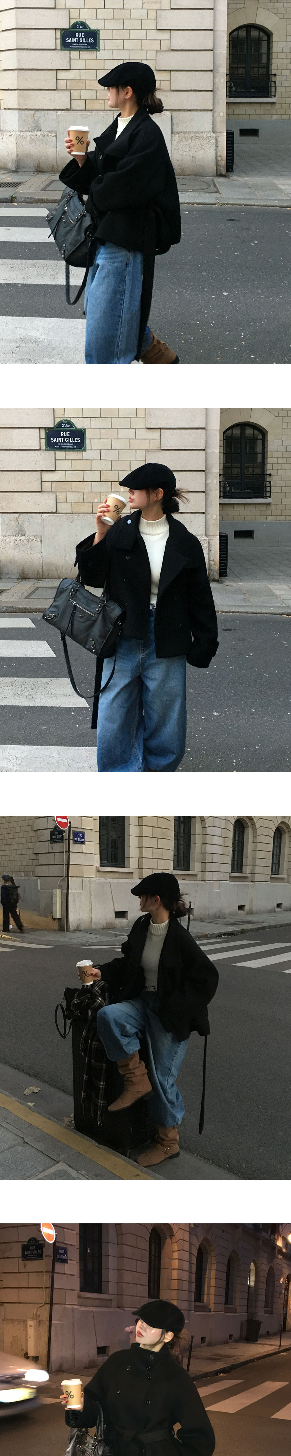 キルティング中綿ウール混ショートルーズ長袖コートベルト付