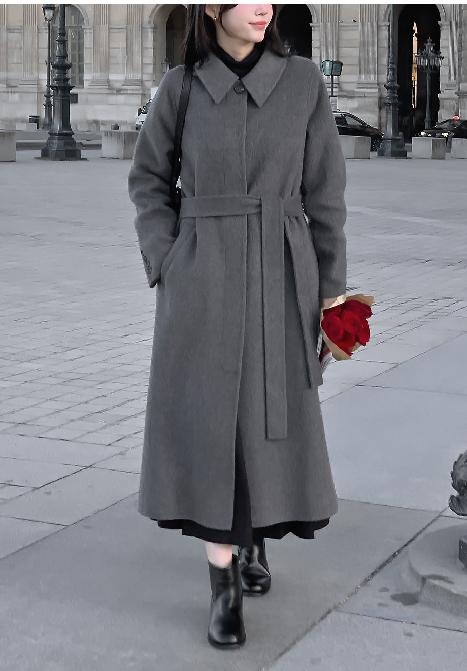 ベルト付ウール混長袖カラーボタンルーズボクシーロングコート