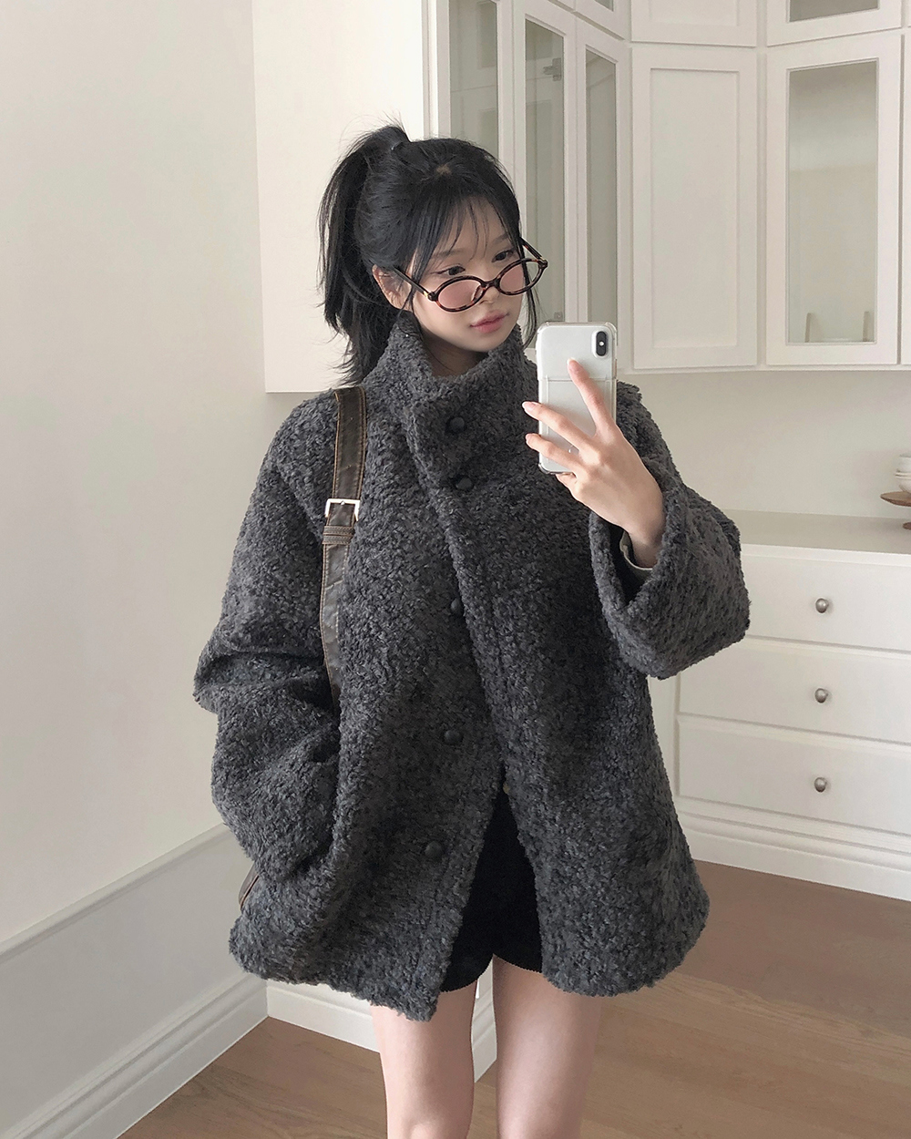 vintage ショップコート ごま塩　前面ポケット付き 長袖ボタンポケットハイネックコート | レディースファッション通販